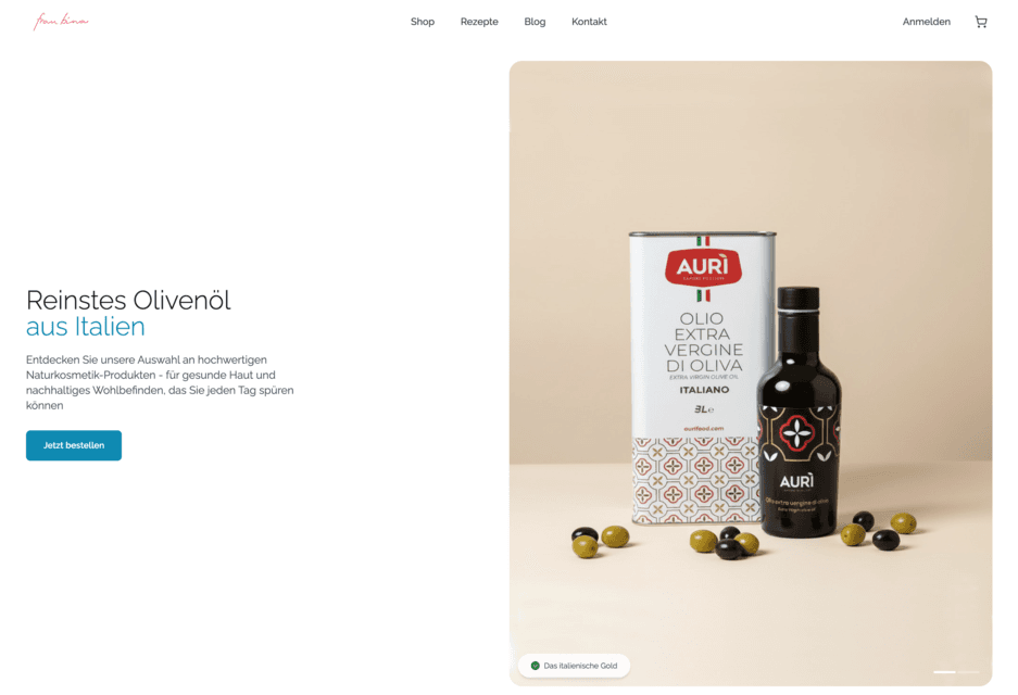Screenshot of Fraubina.com premium olive oil e-commerce website developed by JKienzl in Graz